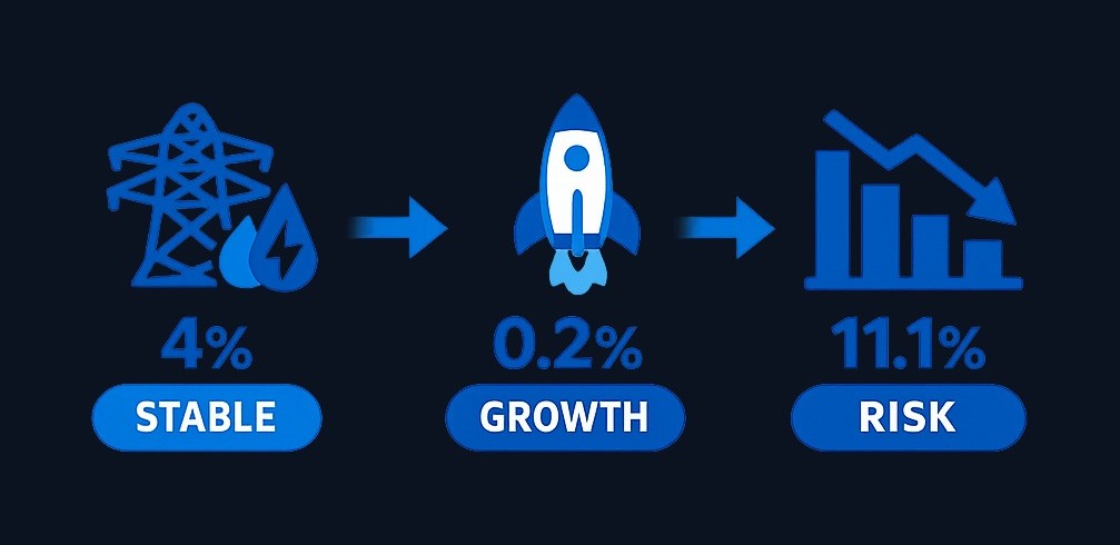 Three yield profiles: Steady Utility (4%, stable), Growth Software (0.2%, reinvesting), Fallen Retailer (11.1%, distressed — high yield masking trouble).