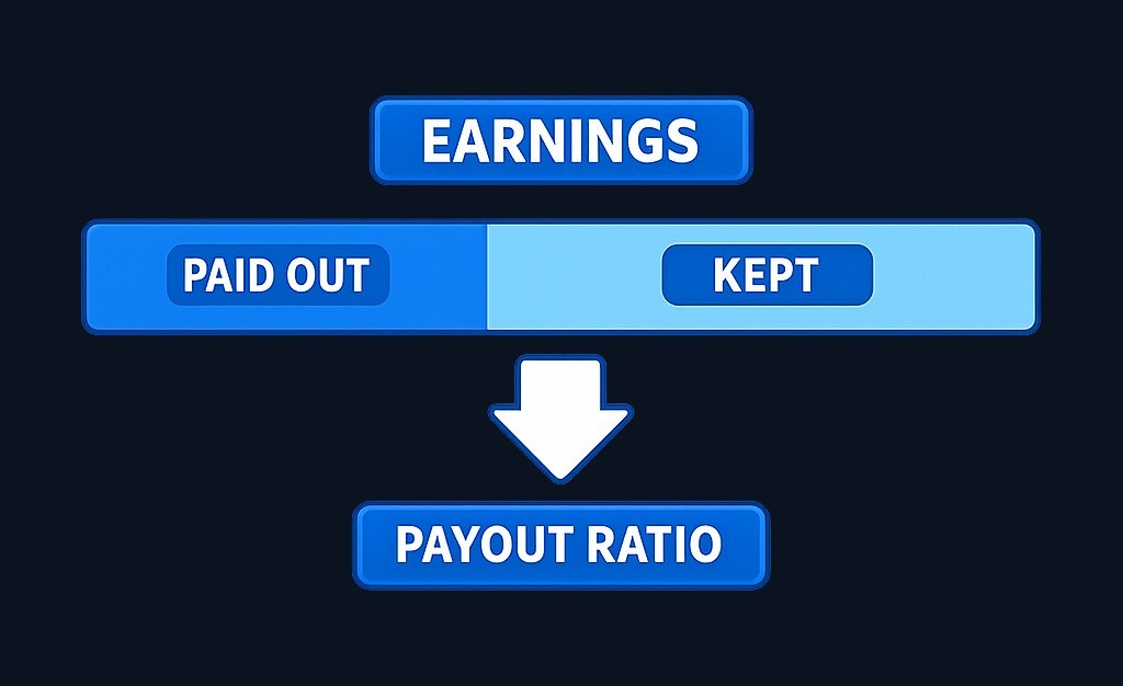 Payout ratio = dividends ÷ earnings. A ratio near 100% means the company pays out almost all profits, leaving little cushion if earnings fall.