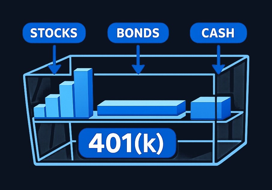 Think of your 401(k) as a container. The investments you choose inside determine whether your money is exposed to stocks, bonds, or