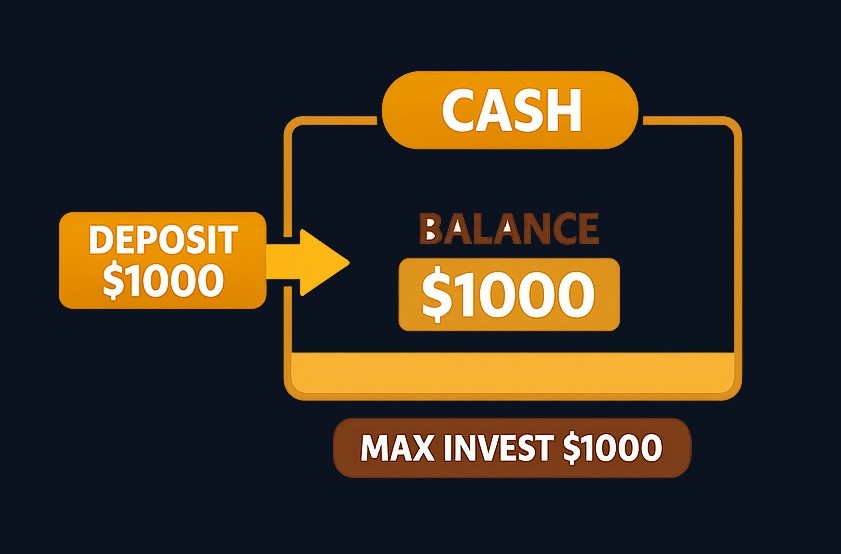 A cash account contains only the money you deposit. Your maximum investment equals your cash balance — no borrowing, no amplified