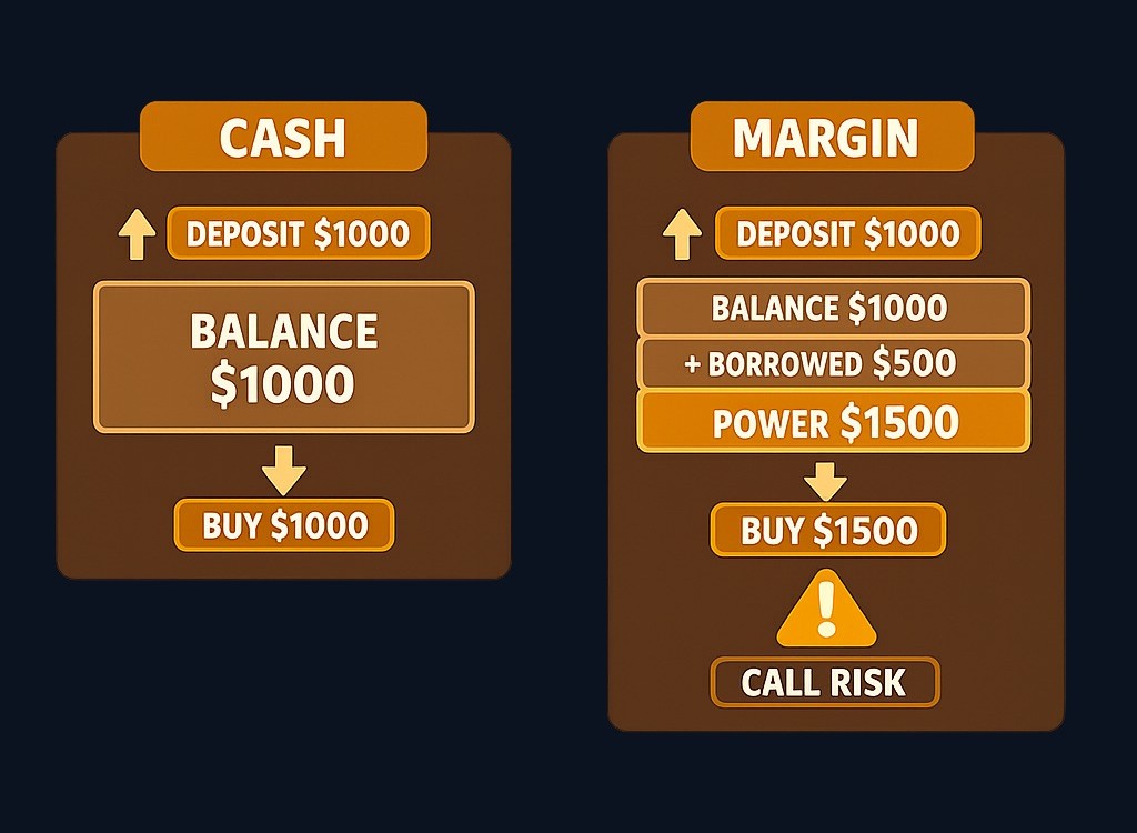 Margin accounts allow borrowing against your holdings, multiplying both potential gains and potential losses. A margin call forces you to