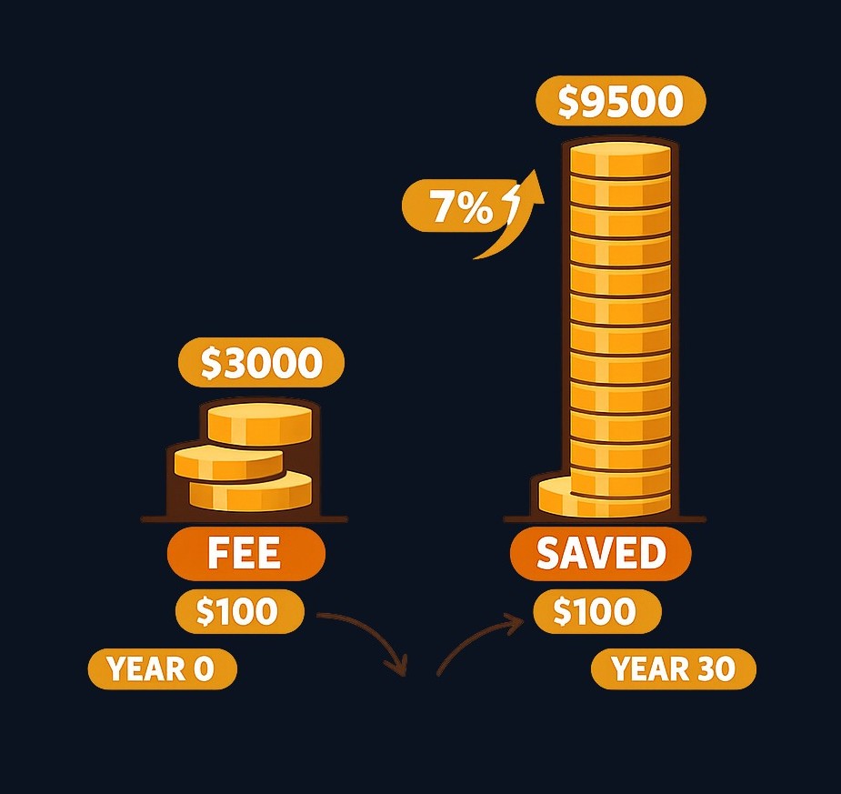Avoiding a $100 annual fee doesn't just save $3,000 over thirty years — it saves the compounded growth on that money. At 7% average