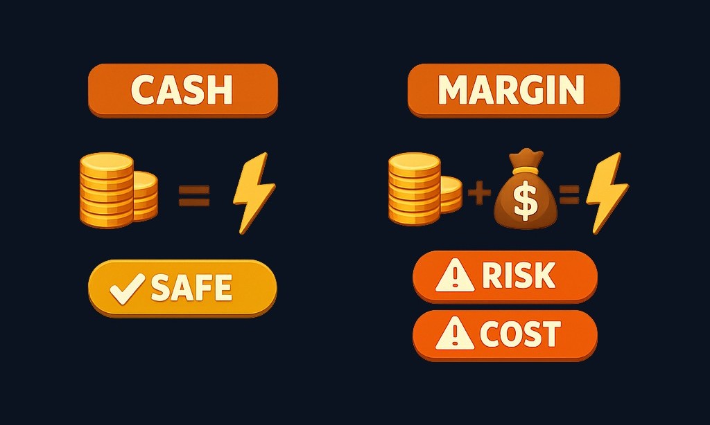 Cash vs margin accounts: cash invests only deposited money; margin borrows against holdings and amplifies gains, losses, and costs.