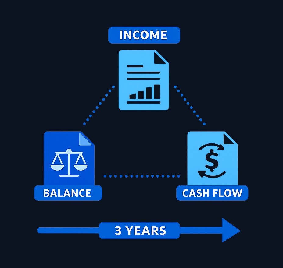 The three financial statements work together to tell a complete story. The income statement shows profitability, the balance sheet shows