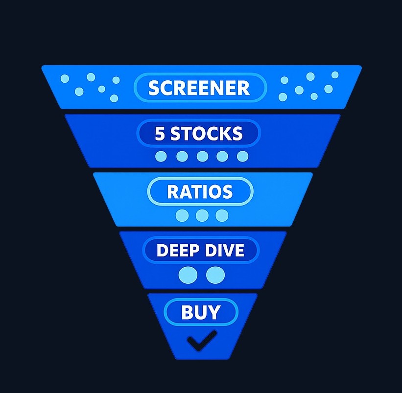 Use research tools as a funnel: start broad with screeners to generate candidates, narrow with financial statement analysis, apply ratio checks, conduct qualitative research on survivors, then make your final decision. Each stage should eliminate weak candidates.