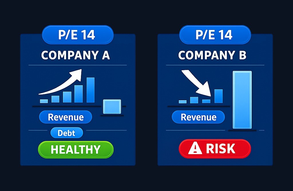 Same metrics, different stories: Company A shows steady revenue growth, low debt, and consistent management execution — a fairly priced candidate. Company B has declining revenue, high debt, and a falling stock price — the 'cheap' ratio is a warning, not a bargain.