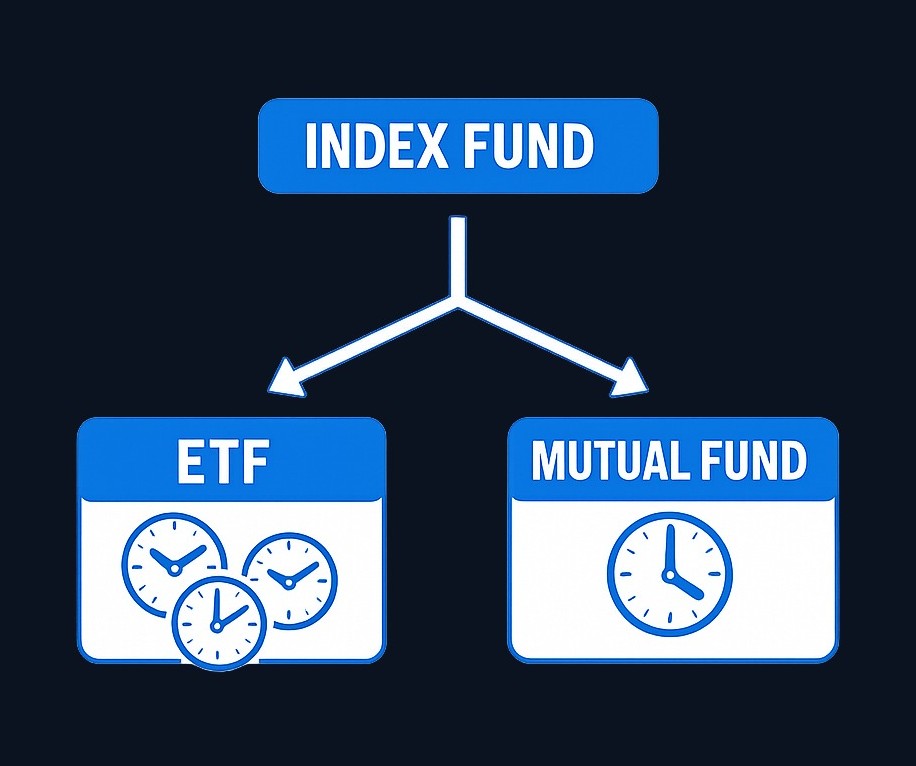 ETFs and mutual funds are fund structures. Index funds are a strategy that can use either structure. An ETF trades like a stock