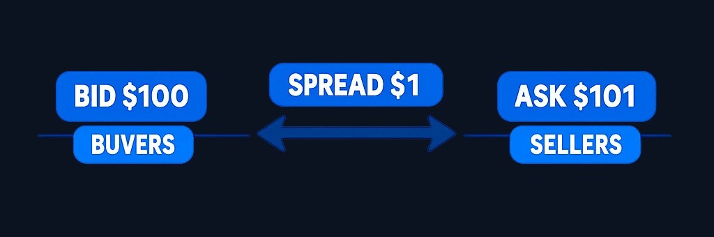The bid-ask spread is the gap between what buyers offer (bid) and what sellers want (ask). A narrow spread usually means lower trading