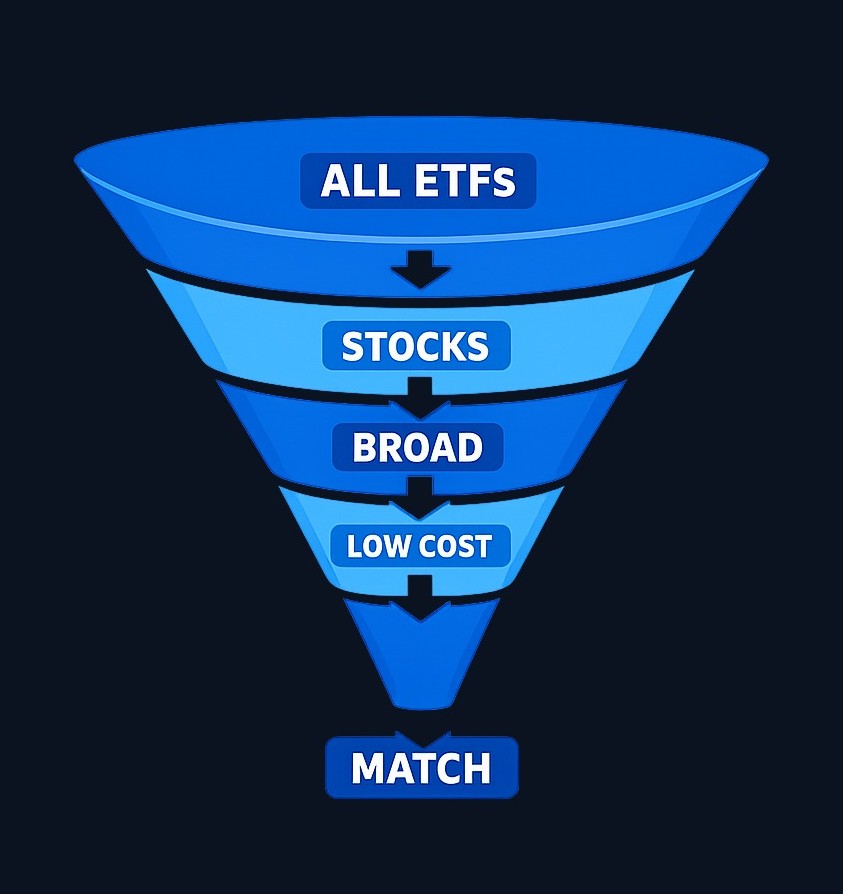 Example: If your goal is long-term growth with broad stock exposure, filter by asset class (stocks), strategy (broad market), expense ratio (low), and diversification (many holdings). Remove narrow sector funds unless they serve a specific purpose. The goal is to find a fund