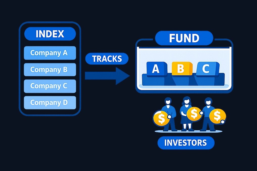 An index fund pools investor money to hold many securities that mirror a market benchmark. You invest in the fund, which tracks the