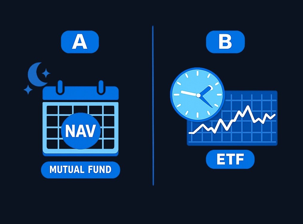Index mutual funds trade once per day at the net asset value set after market close. Index ETFs trade throughout the day on an