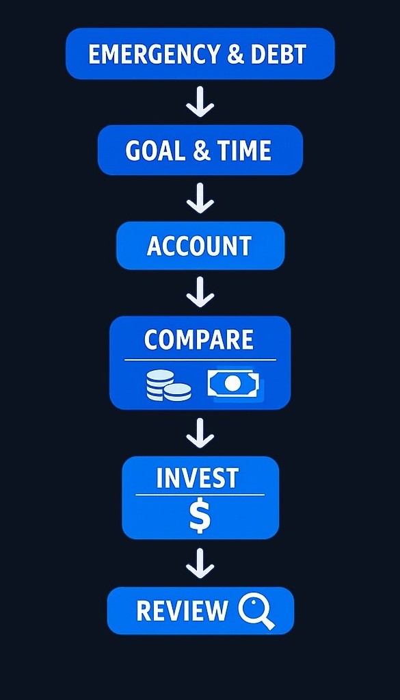 A practical beginner investing sequence: secure emergency savings and handle urgent debt first, define your goal and timeline, select the appropriate account type, compare low-cost broad index funds, invest an amount you can leave untouched, and review periodically without overreacting to market noise.