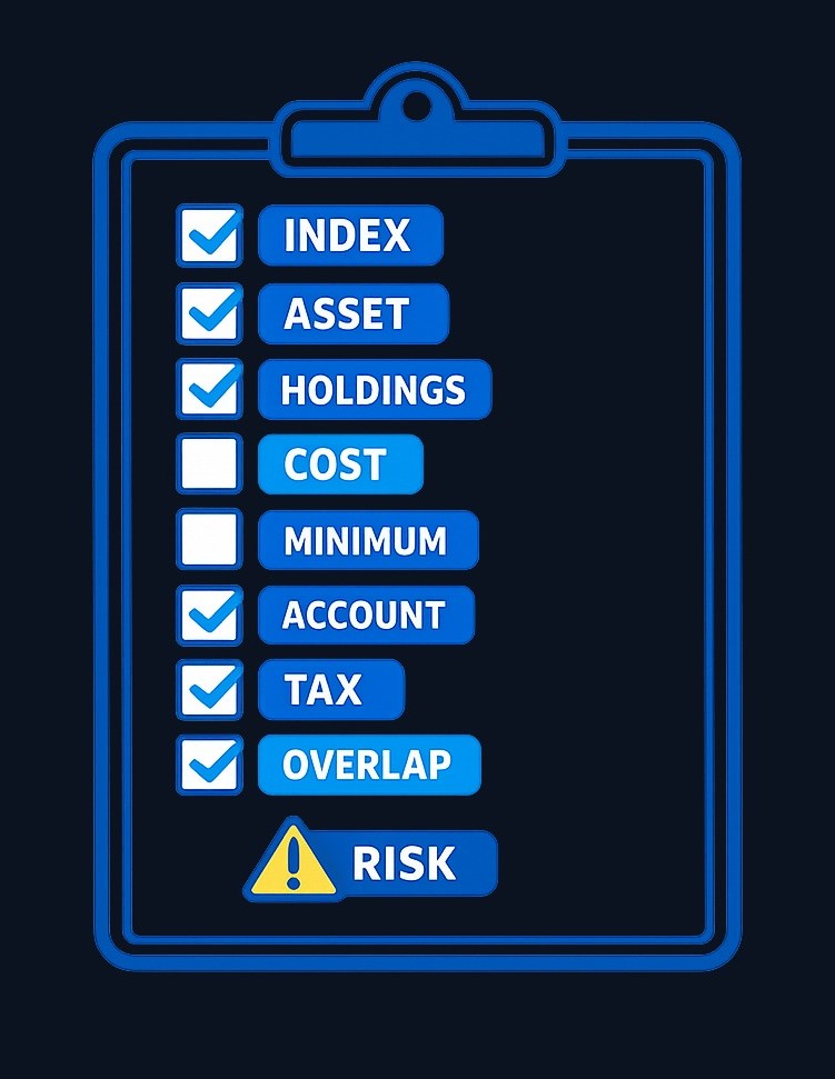 Before investing, evaluate the index tracked, asset class, number of holdings, expense ratio, minimum investment, account compatibility, tax implications, your ability to handle volatility, and overlap with other funds you own. Passing this checklist reduces avoidable mistakes