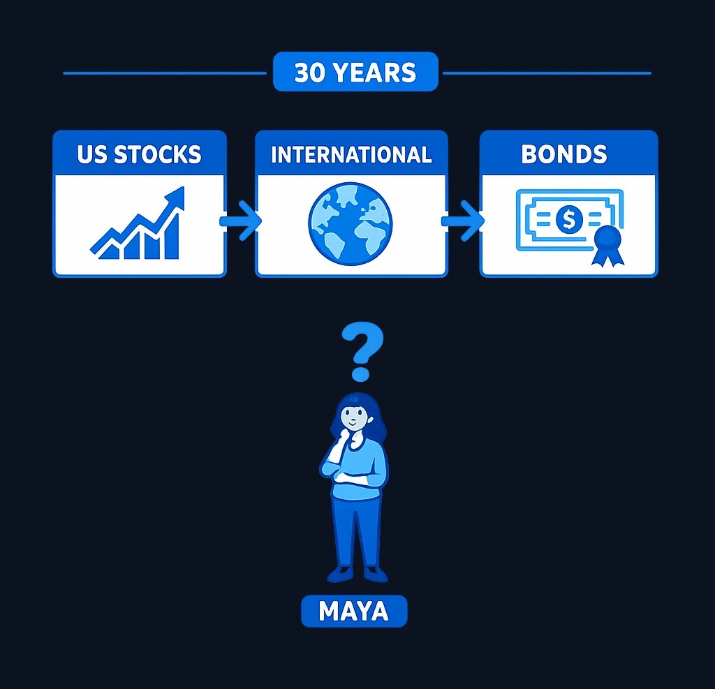 Maya compares three fund types for her 30-year retirement goal: a U.S. stock index fund for domestic equity exposure, an international