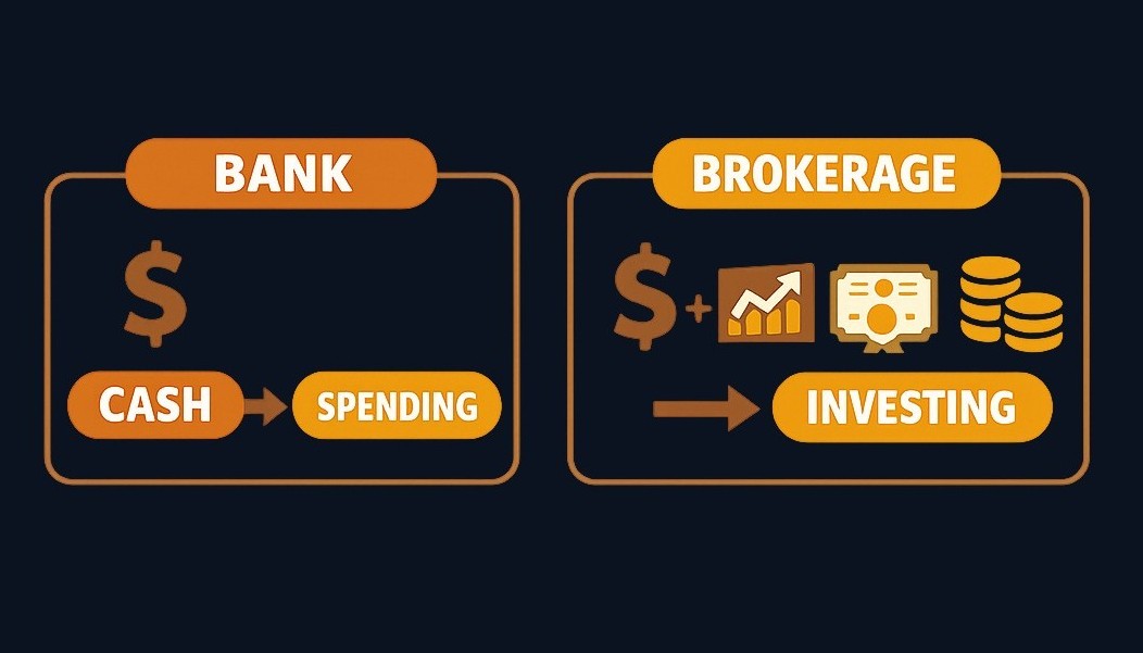 A brokerage account holds investments and enables trading, while a bank account is designed for deposits and spending. Both hold