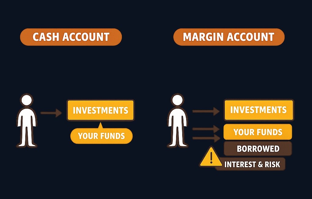 In a cash account, you can only buy with funds you have deposited. In a margin account, you can borrow money from the brokerage