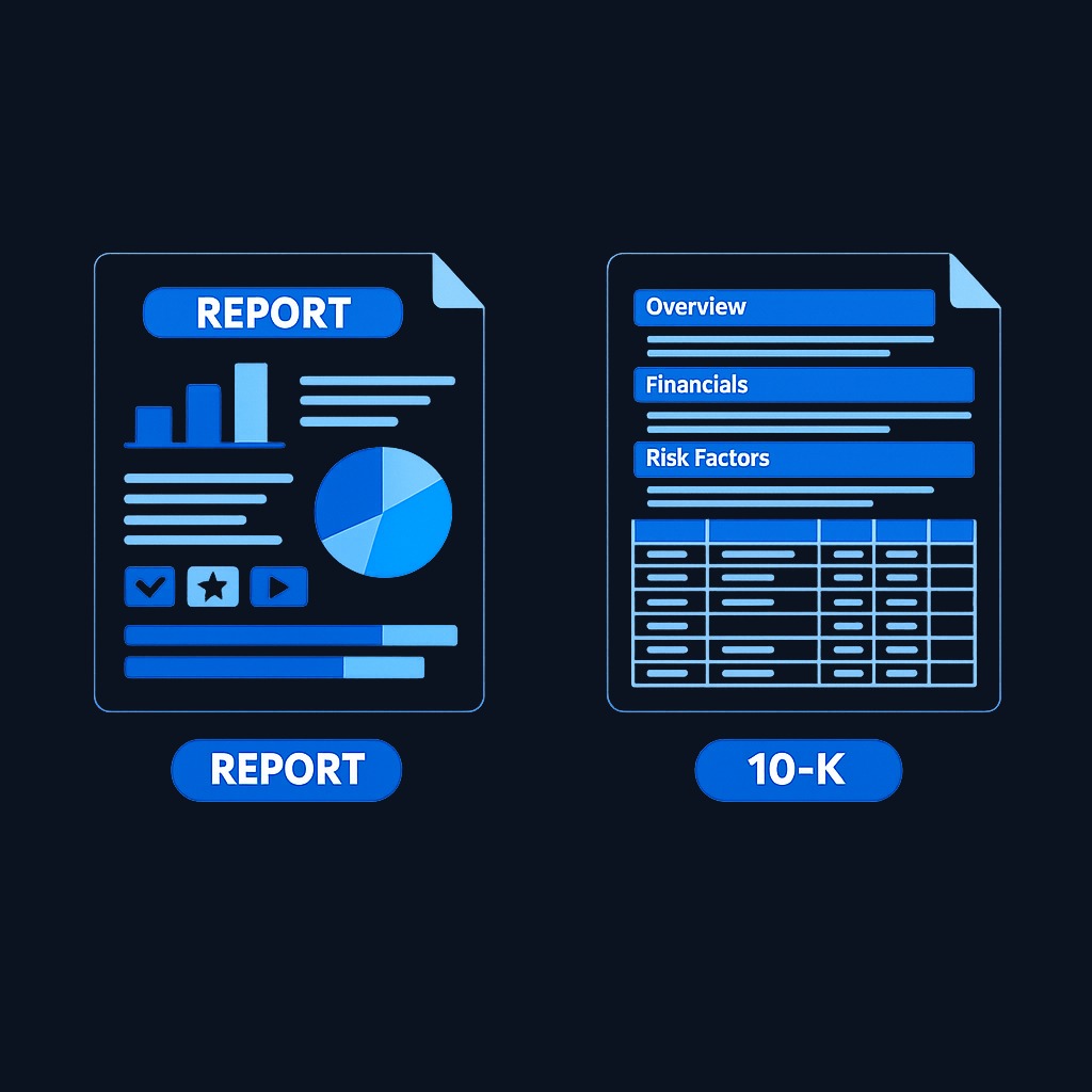 A 10-K is the standardized annual filing required by the SEC, distinct from glossy annual reports. Its consistent structure across companies makes it a reliable analytical tool once you learn the layout.