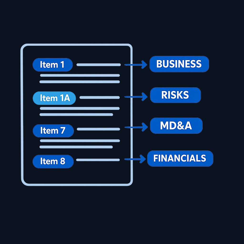 The 10-K is divided into four parts, but most investment analysis focuses on Items 1, 1A, 7, and 8. These four sections provide business description, risks, management's narrative, and audited financials.