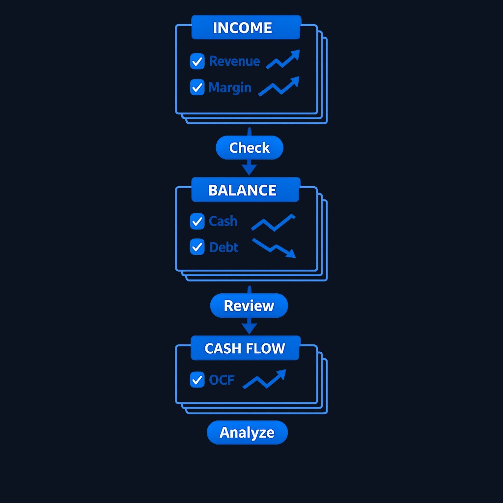The three core statements work as a connected system: track revenue and margins in the income statement over multiple years, check cash versus debt in the balance sheet, and compare operating cash flow to net income in the cash flow statement. Persistent gaps where earnings grow but cash doesn't signal potential accounting issues.