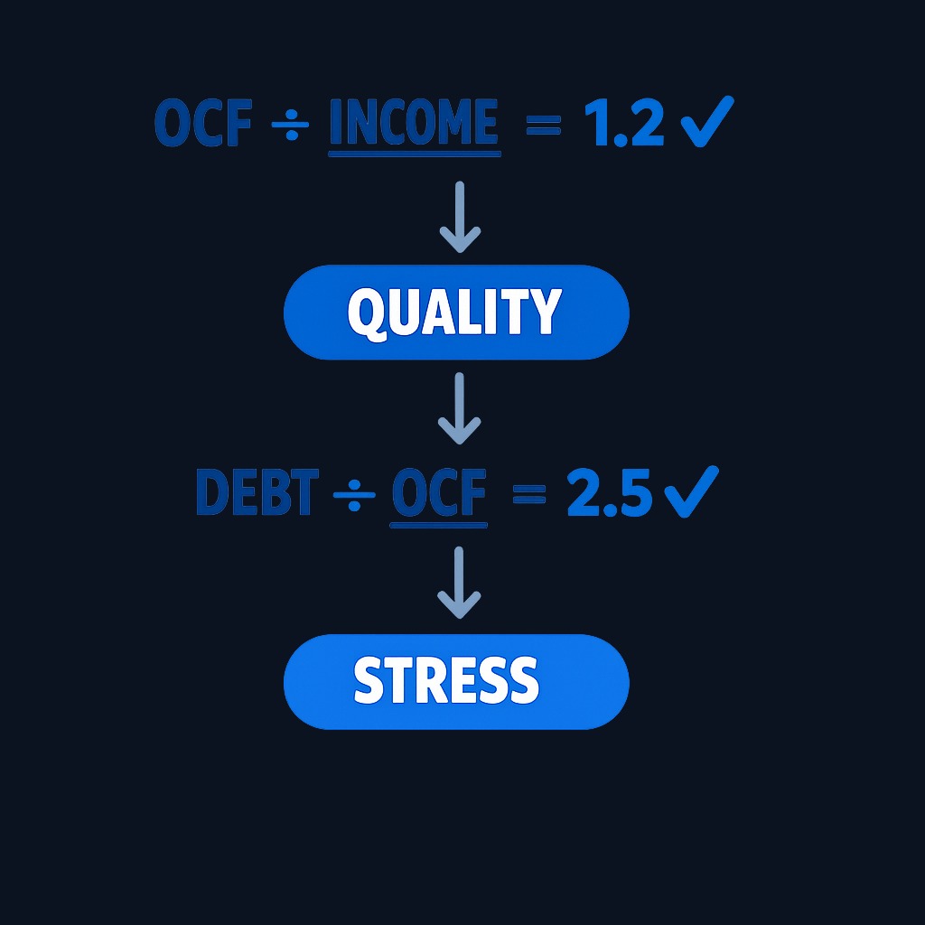 Two essential beginner ratios come directly from the statements: Operating Cash Flow ÷ Net Income measures earnings quality (values near 1.0 or higher suggest real cash backing reported profits), and Total Debt ÷ Operating Cash Flow measures balance-sheet stress (lower is safer, with values under 3–4 generally comfortable).