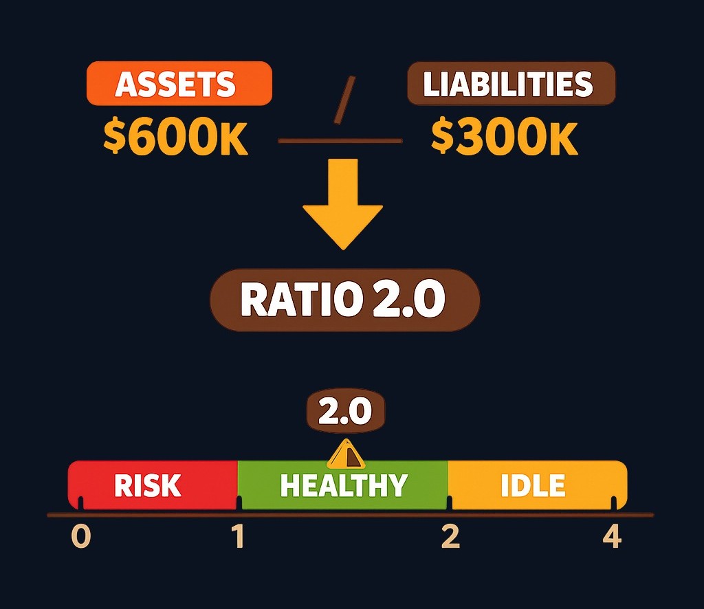 Current ratio example: $600k in current assets divided by $300k in current liabilities equals 2.0, which falls in the healthy range of 1.0 to 3.0. Below 1.0 signals trouble paying short-term bills; above 3.0 may indicate idle cash.
