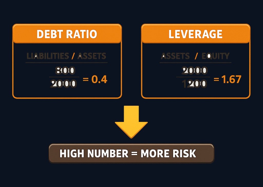 Two leverage ratios measure debt risk. Debt ratio (total liabilities ÷ total assets) shows what portion is debt-financed. Financial leverage