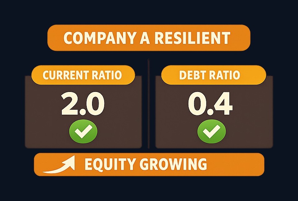 Company A shows financial health: current ratio of 2.0 (short-term assets comfortably cover obligations), debt ratio of 0.4 (less than half debt-funded), and growing equity over three years. A resilient balance sheet built on equity rather than debt.