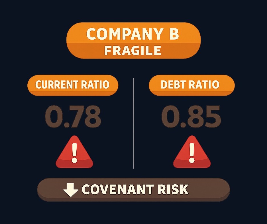 Company B shows financial strain: current ratio of 0.78 (obligations exceed short-term resources), debt ratio of 0.85 (majority debt- funded), plus footnote warnings. A fragile balance sheet where trouble is visible before even reading the fine print.
