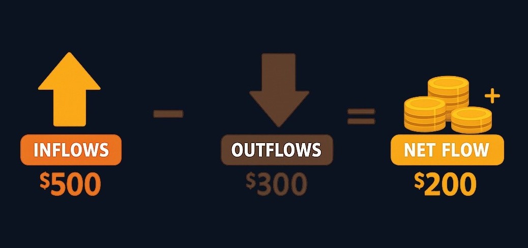 Net cash flow is the difference between all cash coming in and all cash going out during a period. A positive result means the company