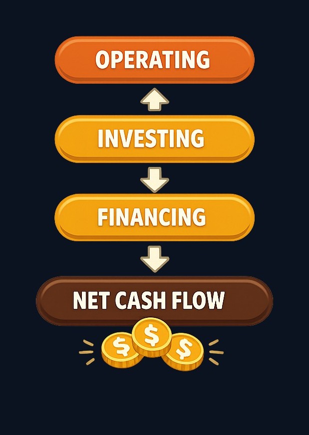 Every cash flow statement follows the same three-section structure. Operating activities show cash from core business operations,