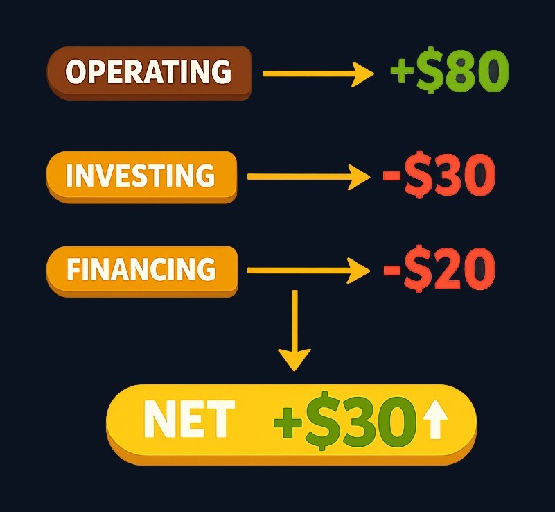 Example breakdown: A company generates $80 from operations, spends $30 on new equipment, and pays $20 in debt repayment, resulting in $30 net positive cash flow for the period.