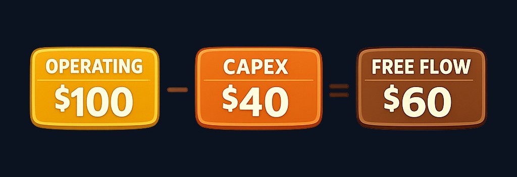 Free cash flow = operating cash flow minus capital expenditures. This shows how much cash a company has left after covering both