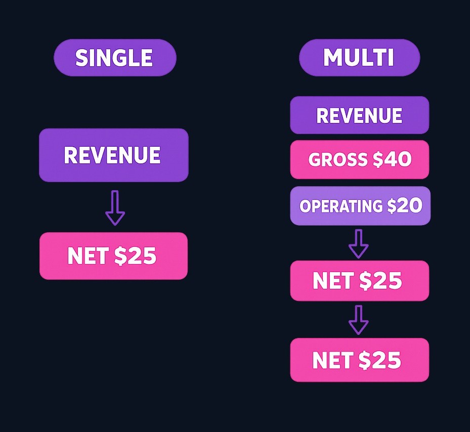 Single-step lumps all revenue and expenses together. Multi-step breaks the path into stages: gross profit, operating income, then net