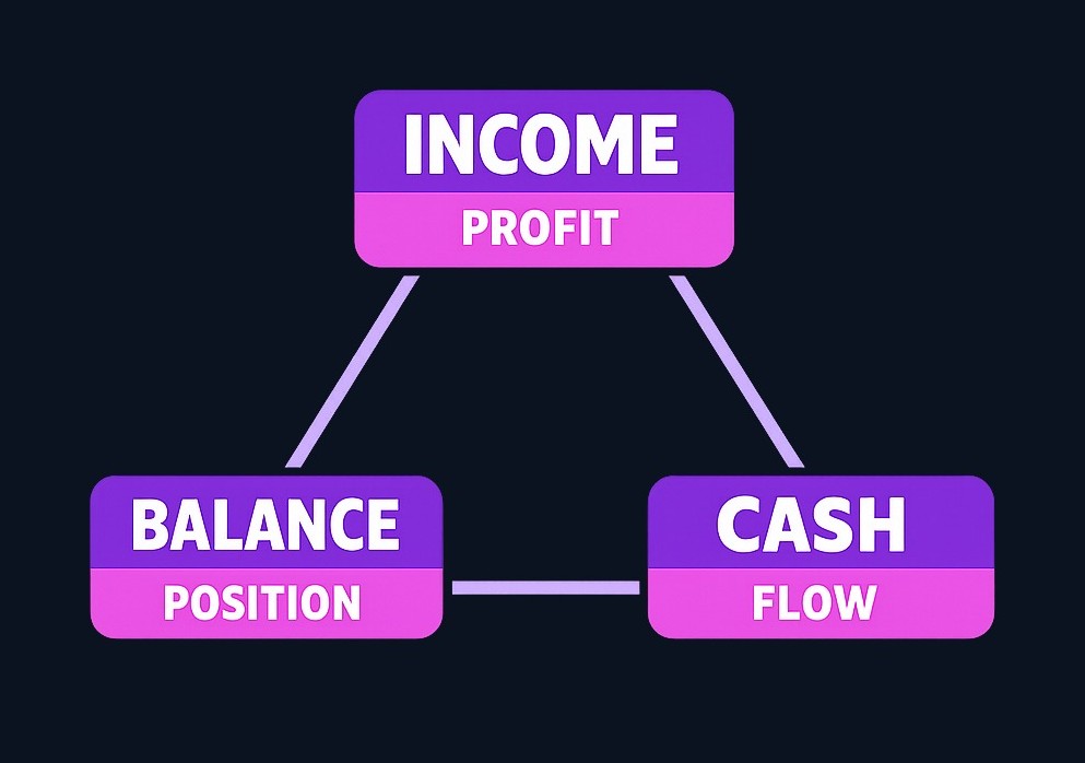 The income statement shows profitability over time. The balance sheet captures financial position at a moment. The cash flow statement