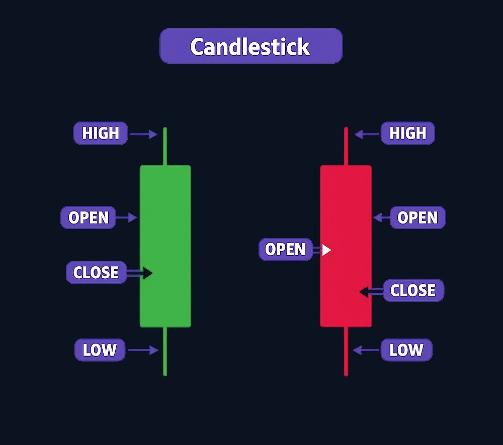 Anatomy of a candlestick: the body shows the distance between open and close, while wicks (shadows) extend to the high and low of the period. Color indicates whether price closed above (bullish) or below (bearish) the open.