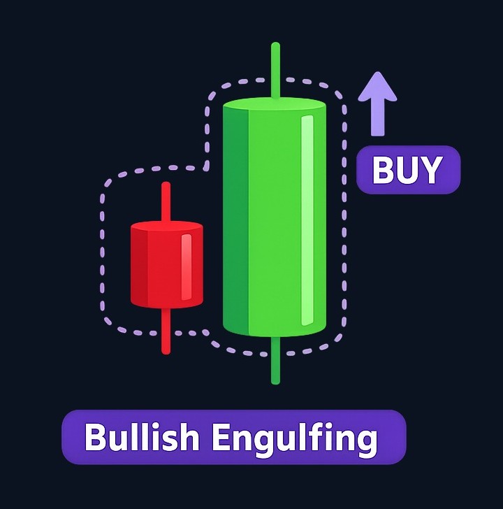 Bullish engulfing pattern: a small bearish candle followed by a larger bullish candle that completely covers (engulfs) the prior candle's body. Often appears after a decline and suggests buyers are gaining control.