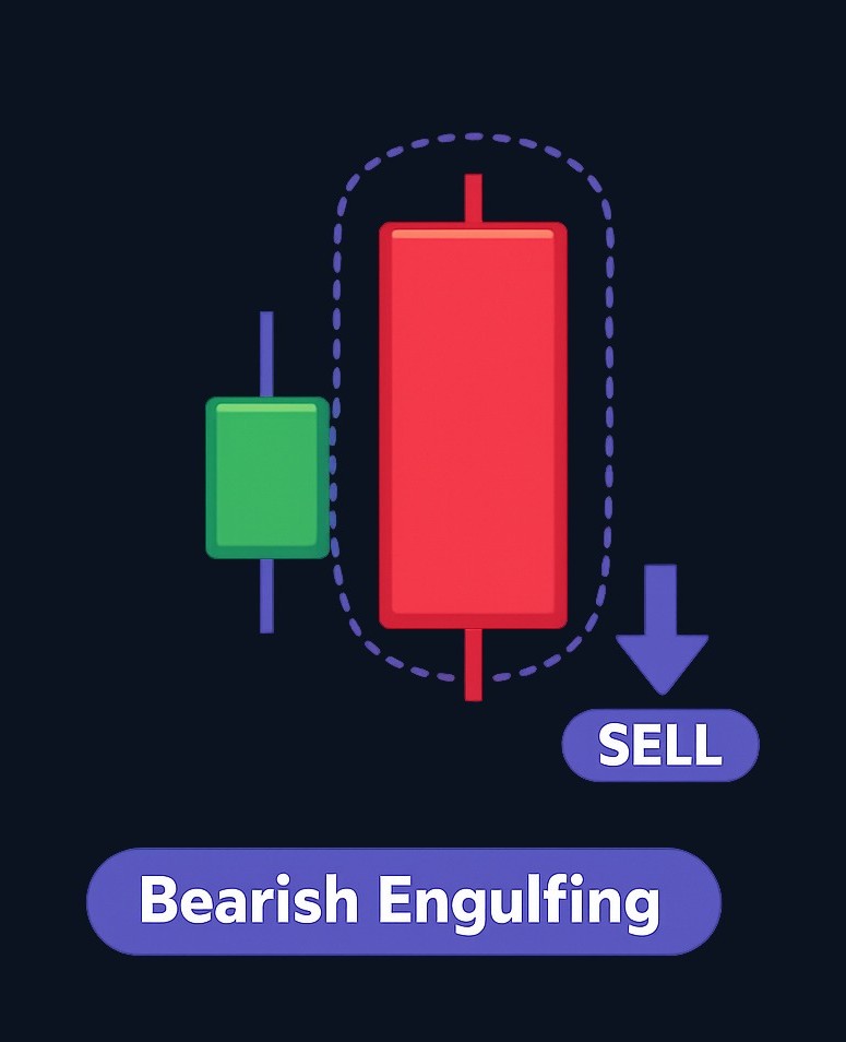 Bearish engulfing pattern: a small bullish candle followed by a larger bearish candle that engulfs the prior body. Suggests sellers are