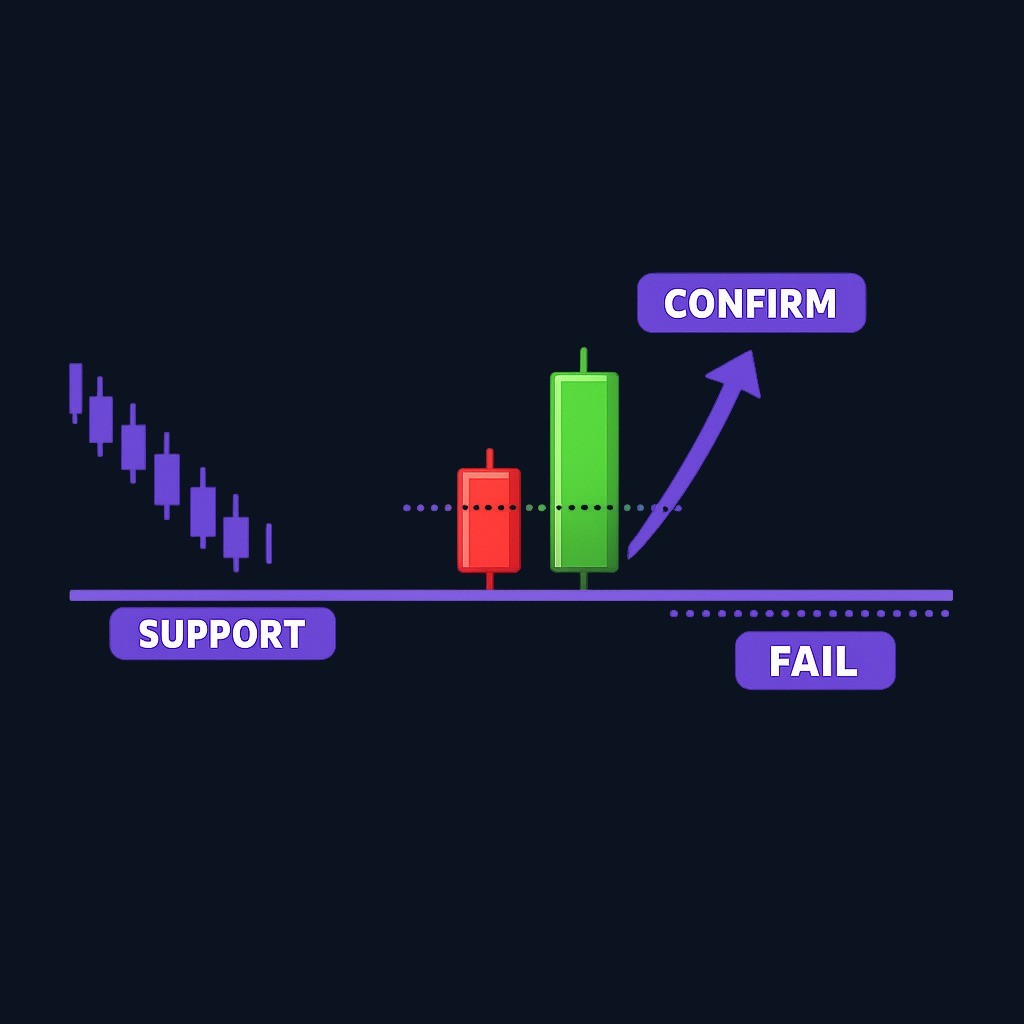 Example reversal setup: after a decline, price reaches support and forms a bullish engulfing pattern. Instead of entering immediately, wait