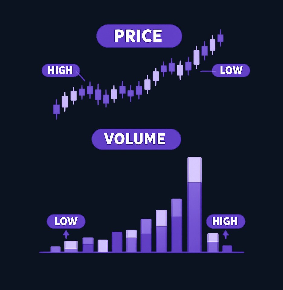 Volume bars appear below the price chart. Taller bars indicate higher trading activity, shorter bars show lower activity. Compare volume