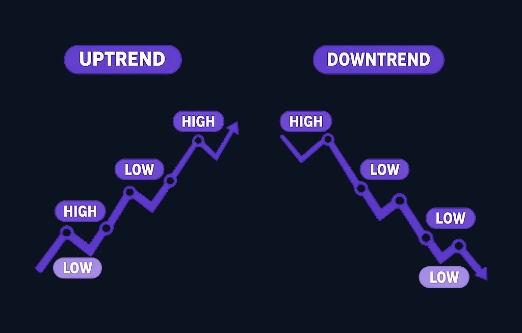 In an uptrend, price makes higher swing highs and higher swing lows. In a downtrend, price makes lower swing highs and lower swing