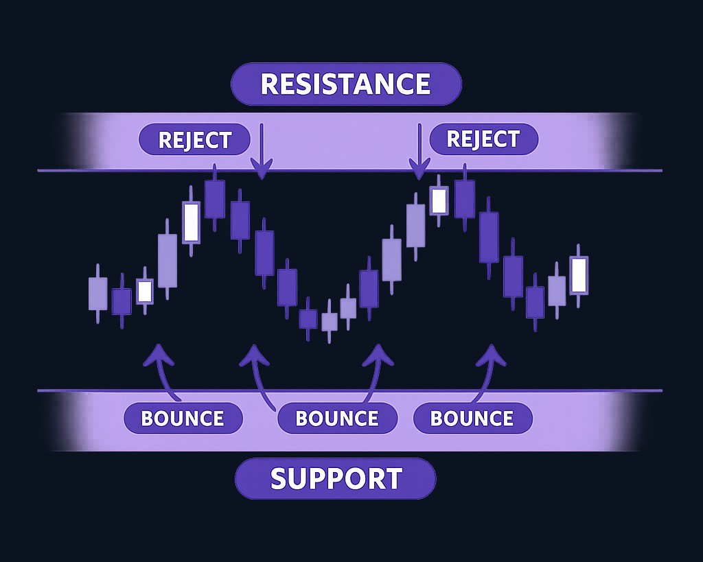 Support is a zone where price has previously bounced or found buying interest. Resistance is a zone where price has struggled or met