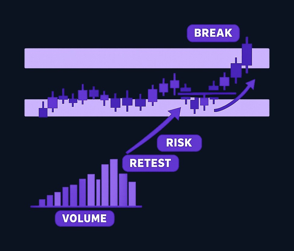 A breakout scenario: price approaches resistance, volume increases, price breaks above and closes higher, pulls back to test the breakout zone, then continues. The former resistance often becomes new support. Mark your risk level before acting.