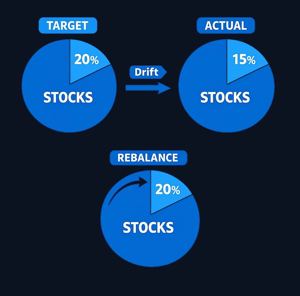 When stocks outperform, they can grow from your target allocation (80%) to a larger share (85%), increasing your risk exposure.