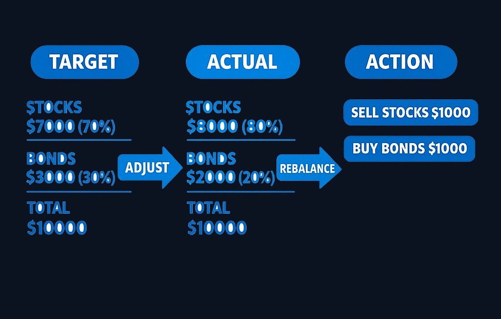 In this example, stocks have grown above the 70% target while bonds fell below 30%. To rebalance, you would sell $1,000 of stocks and