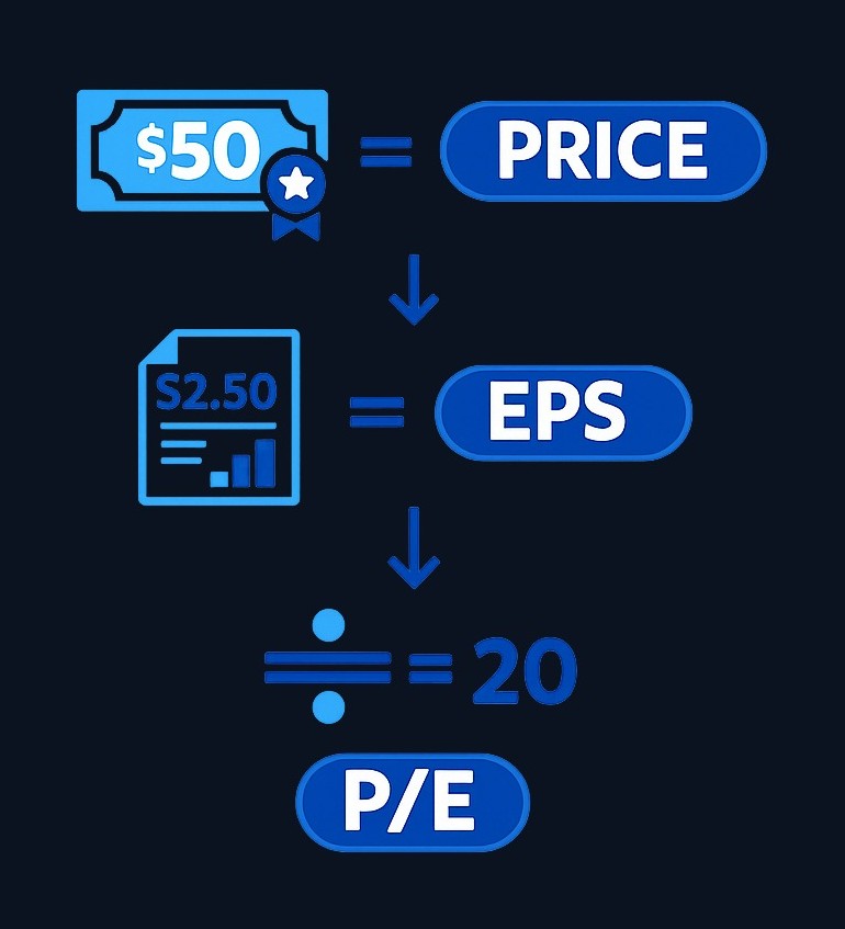 Example: A stock trading at $50 with earnings of $2.50 per share has a P/E ratio of 20. This means you're paying $20 for every $1 of annual profit the company generates.