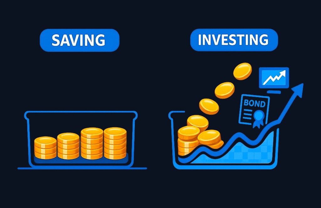Investing connects your money to market assets like stocks, bonds, and funds, exposing it to potential growth and risk over time—unlike saving, which prioritizes stability.