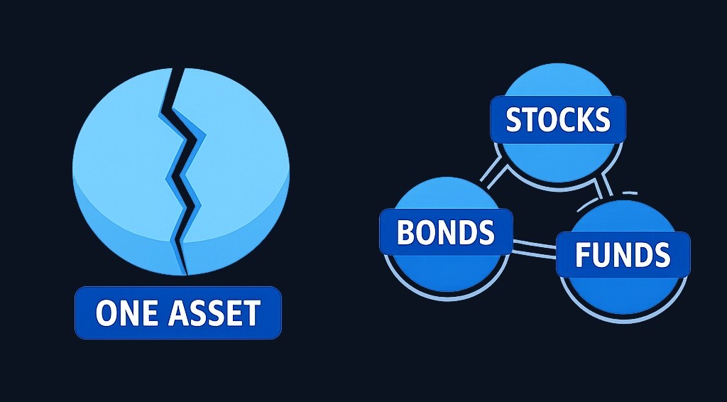 Diversification spreads your investment across multiple assets, reducing the impact of any single asset's poor performance—though market-wide risk remains.