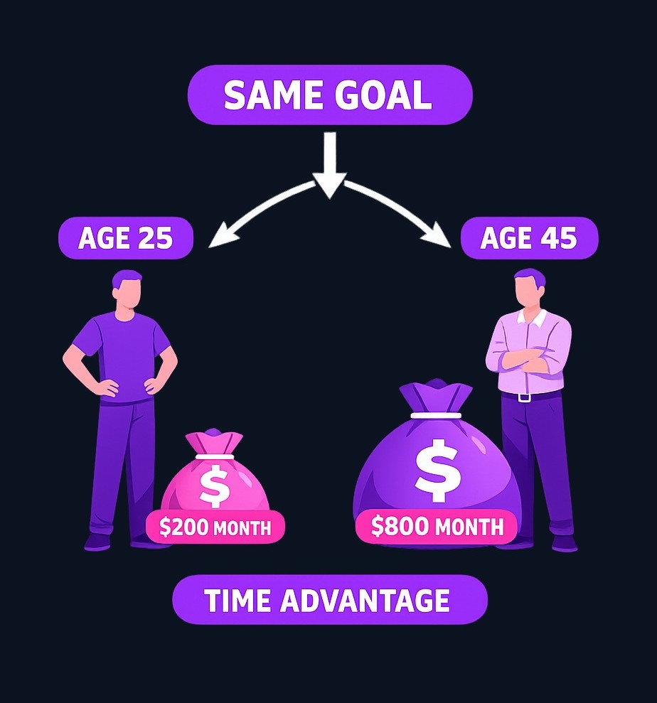Starting at 25 versus starting at 45 to reach the same retirement goal: the earlier start requires far less per month due to compounding time. Waiting is expensive.