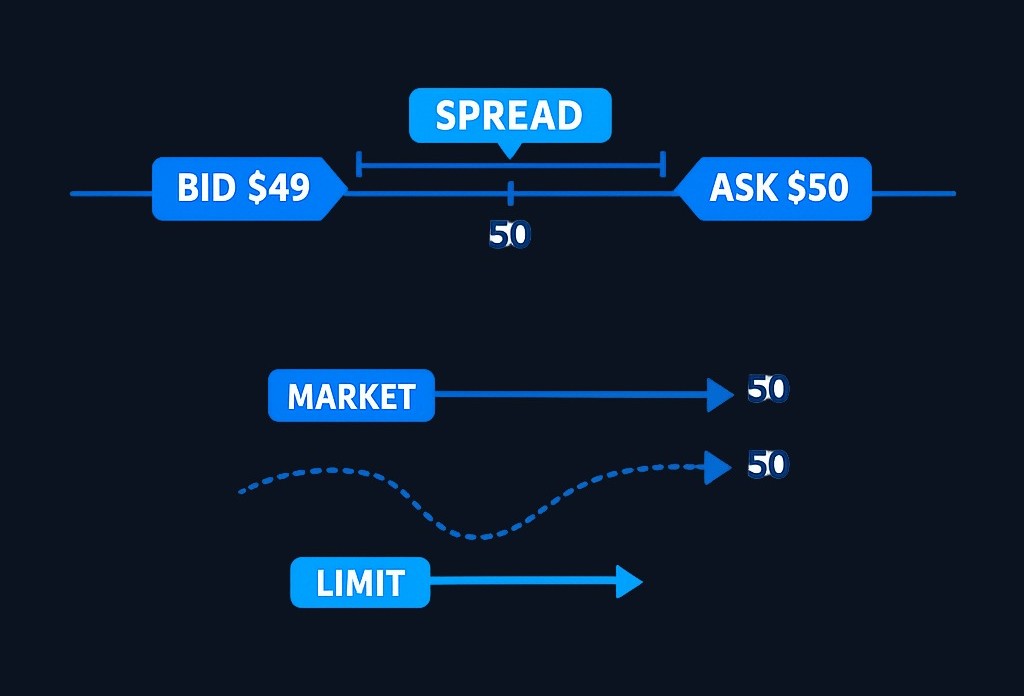 In this hypothetical market, buyers are willing to pay up to $49 (the bid), while sellers want at least $50 (the ask). The $1 difference is the