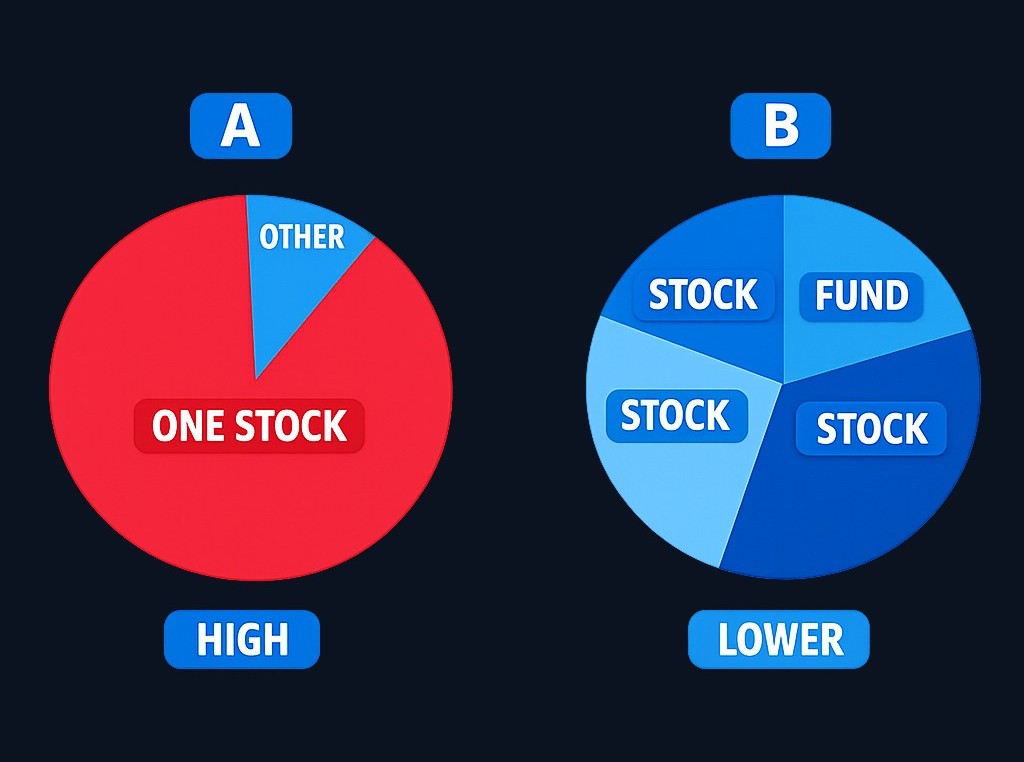 Both investors like the same company, but they manage concentration differently. Investor A puts nearly all funds into one stock. Investor